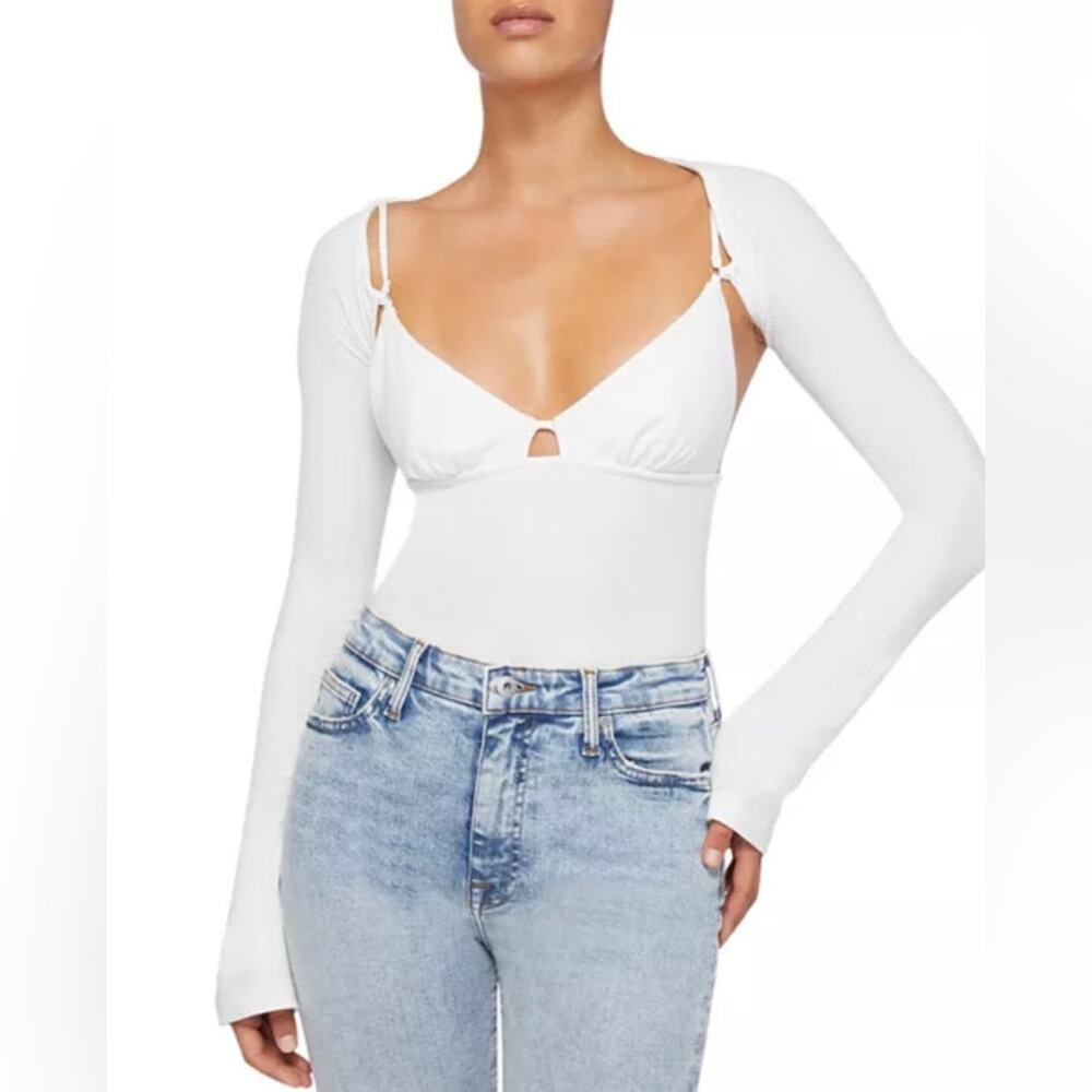 JONATHAN SIMKHAI Dakota Ribbed Cutout Top Tank with Long Sleeve Attached White
